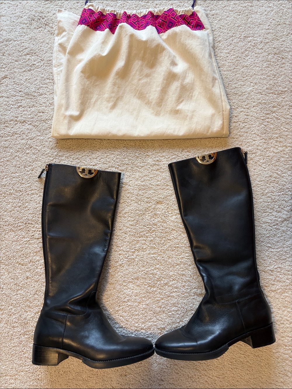Women Tory Burch Black Leather Riding Boots - Tall Zip Knee Boots